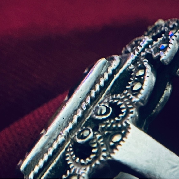 Vintage Sterling 925 Three Stone Art Deco Style Filigree Marcasites size 5.75 - Picture 6 of 10